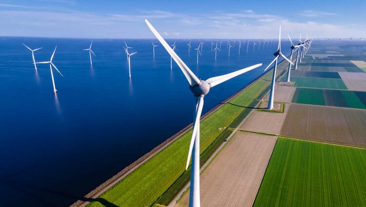 wind turbines field sea